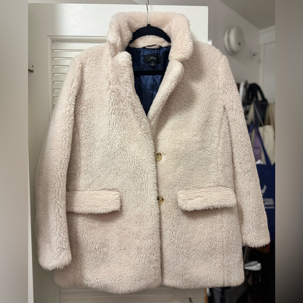 Women’s size Small J. Crew Yuna Teddy Fur Coat in cream white